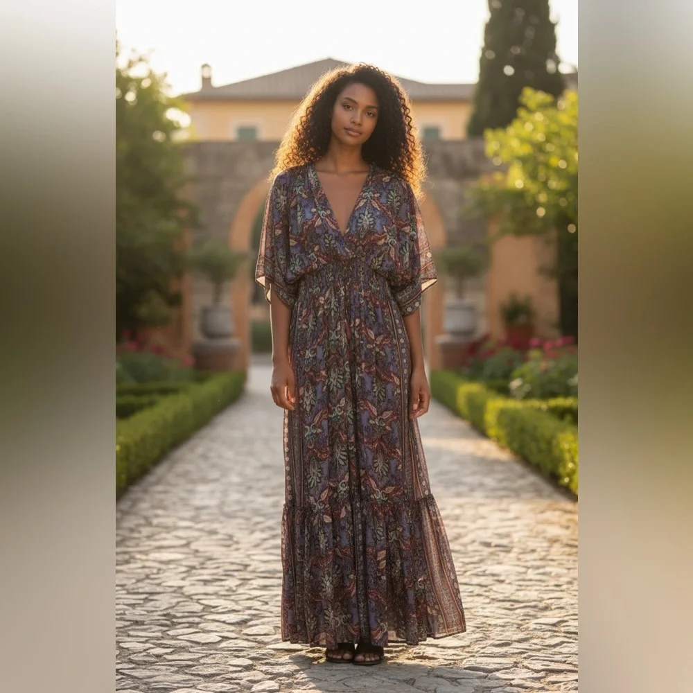 Karma Highway One Size Dolman Blouson Maxi Dress Boho Floral Purple Red Pattern - Picture 3 of 11